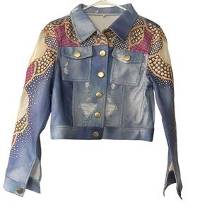 Bolero style faux denim jacket with printed patchwork design Size L